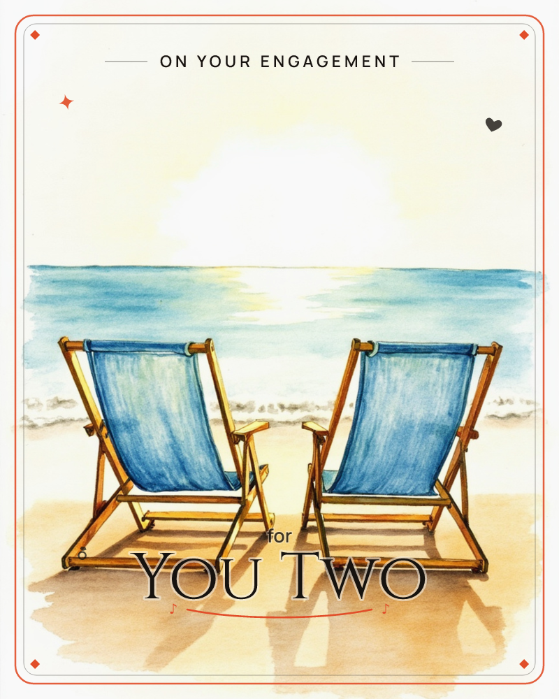 Two empty blue-and-wood folding beach chairs face the sea, side by side on pale sand, a engagement e-card design