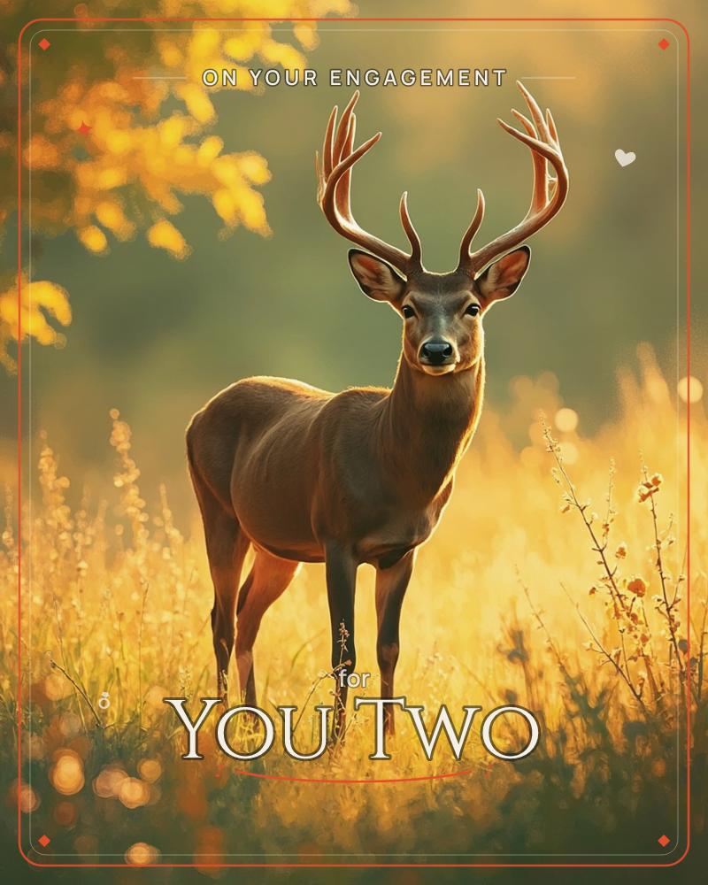 A tall antlered deer stands alert in a golden meadow, sunlight streaming through tall grasses and autumn leaves behind it, a engagement e-card design