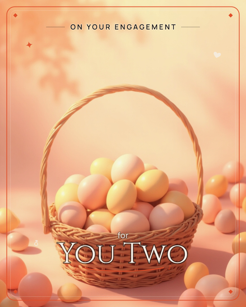 A woven wicker basket sits piled high with pastel eggs in soft peach, yellow and cream, more eggs scattered across the ground around it, a engagement e-card design