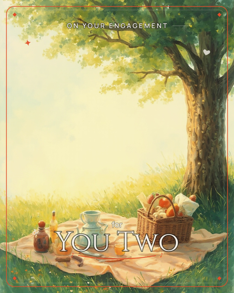 A picnic blanket is spread beneath a big shady tree, sunlight glowing soft and golden through the leaves onto the grassy hillside, a engagement e-card design