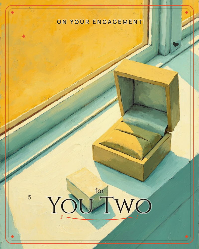A painted still life shows an open jewellery box with a soft cushioned lining sitting on a sunlit windowsill, its lid propped open, while a small…, a engagement e-card design