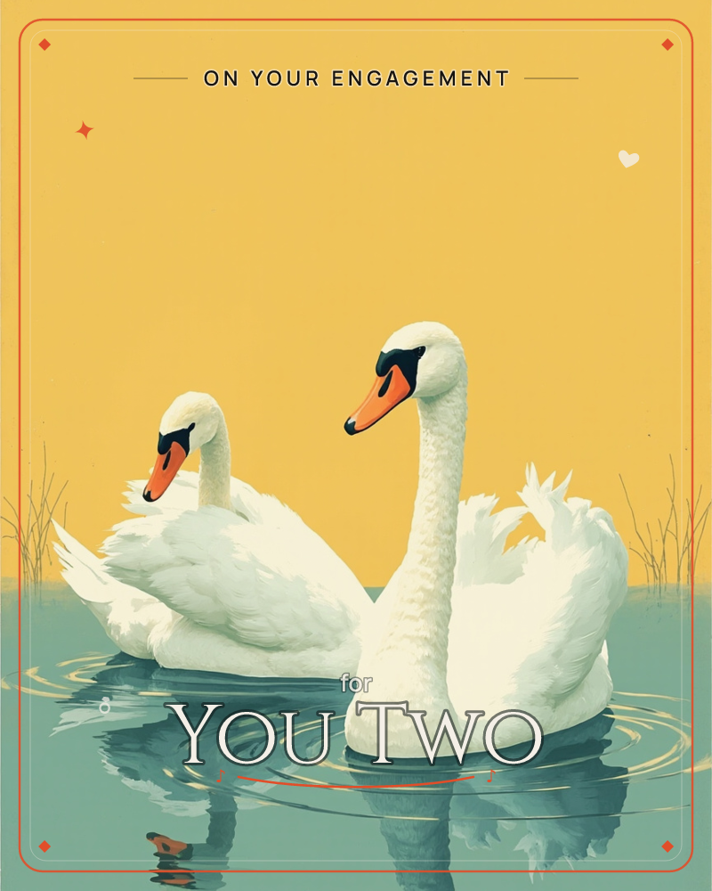 Two white swans glide together across a still, teal-toned pond beneath a glowing golden-yellow sky, a engagement e-card design