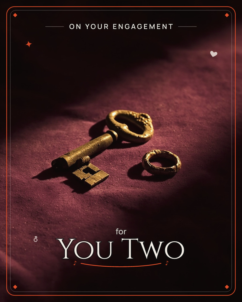 An antique brass skeleton key rests beside a small gold ring on a deep wine-coloured velvet cloth, a engagement e-card design
