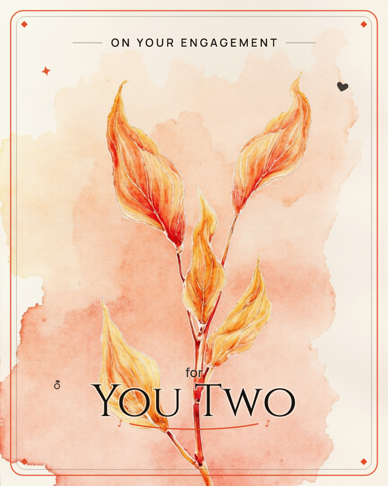 A single stem with five flame-coloured leaves stands against a soft blush wash that pools unevenly across the page like a sunset seen through paper, a engagement e-card design