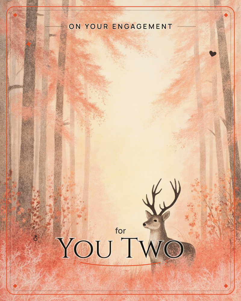 A stag with tall branching antlers stands alone in a misty forest clearing, surrounded by slender tree trunks and coral-toned foliage, a engagement e-card design