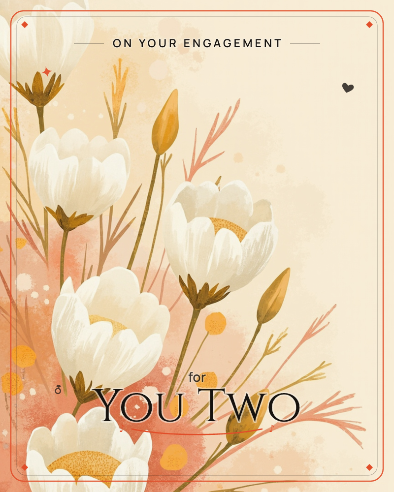 Cream-white poppies with golden centres cluster along the left edge of the card, their stems mingling with wispy coral-tinted grasses, a engagement e-card design