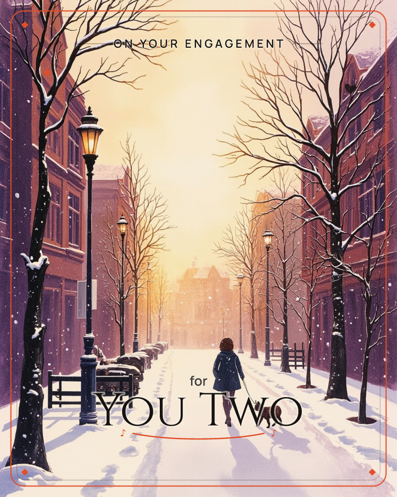 A snow-dusted city avenue stretches toward a glowing amber sky, lined with bare trees, old lampposts and tall townhouses, a engagement e-card design