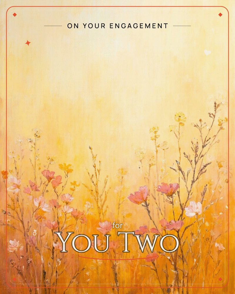 A painterly meadow of slender wildflower stems rises against a glowing amber and gold sky, their pink, coral and cream blooms catching the light like…, a engagement e-card design