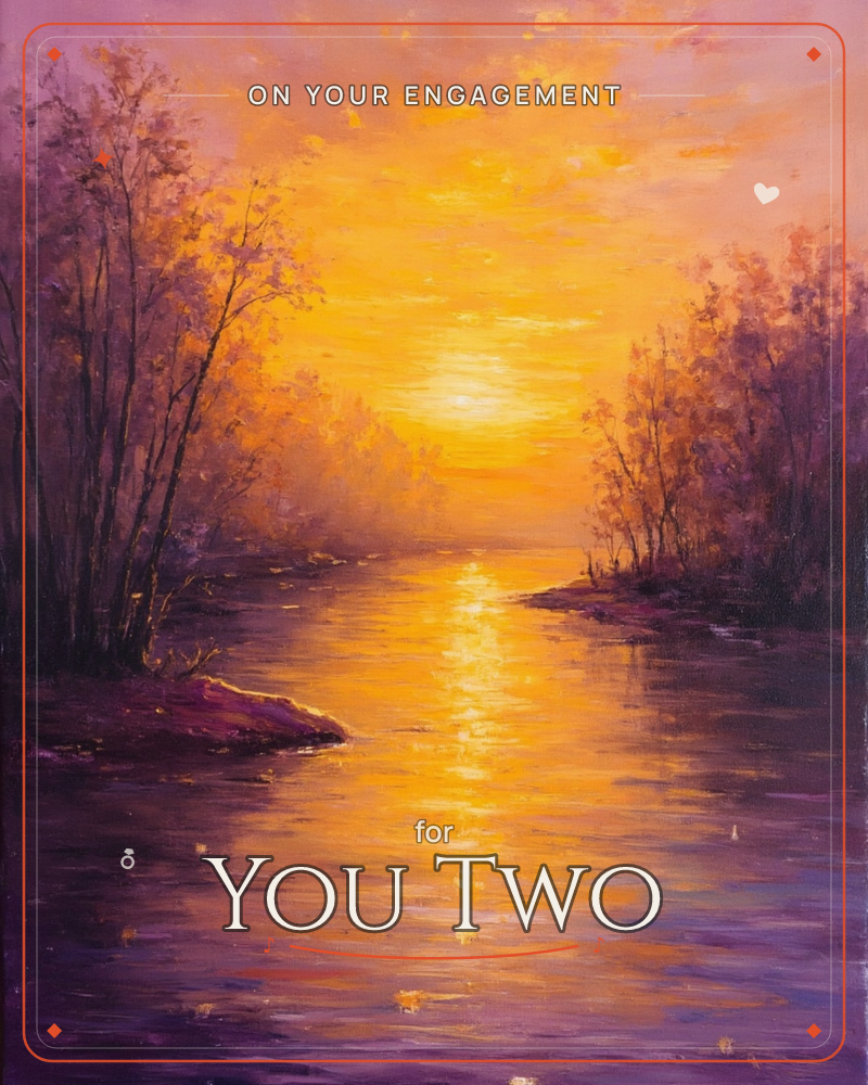 A blazing golden sun sits low over a still river, its light pooling across the water in molten streaks of amber and rose, a engagement e-card design