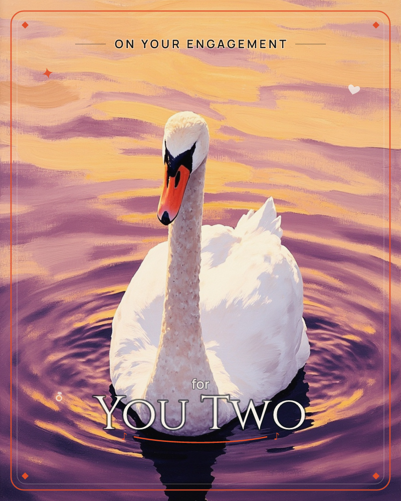 A white swan glides toward the viewer across water streaked with amber and violet light, its curved neck catching the glow of a setting sun, a engagement e-card design
