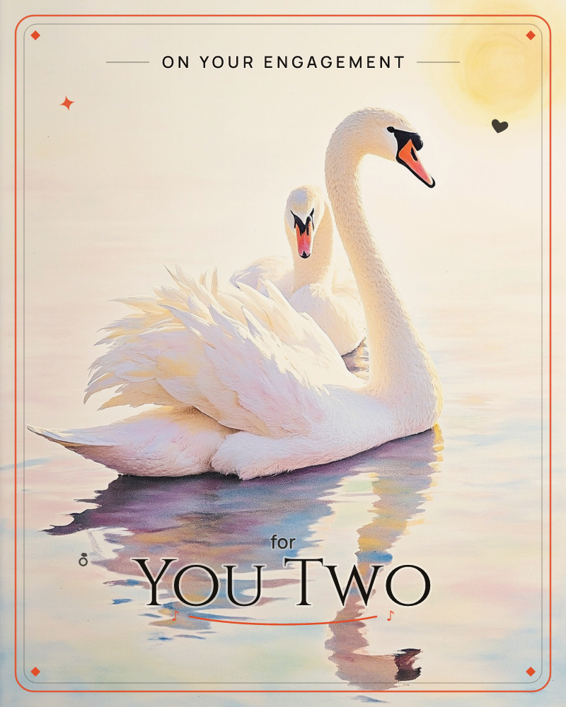 Two swans glide together on a still, glowing lake, their pale feathers catching a soft golden light from a hazy sun above, a engagement e-card design