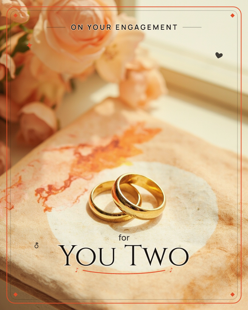 Two gold wedding bands rest interlocked on a softly tie-dyed cream and orange cloth, catching a warm shaft of window light, a engagement e-card design