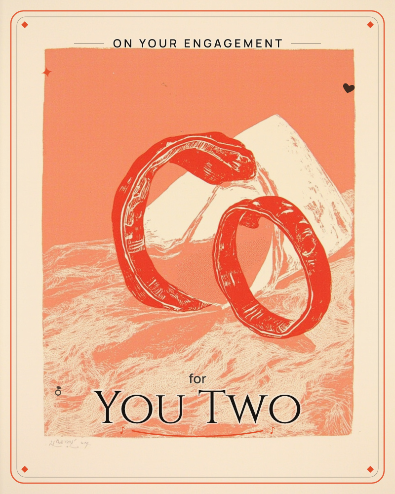 Two bold red rings, drawn like snakes chasing their own tails, overlap in front of a jagged icy peak, a engagement e-card design