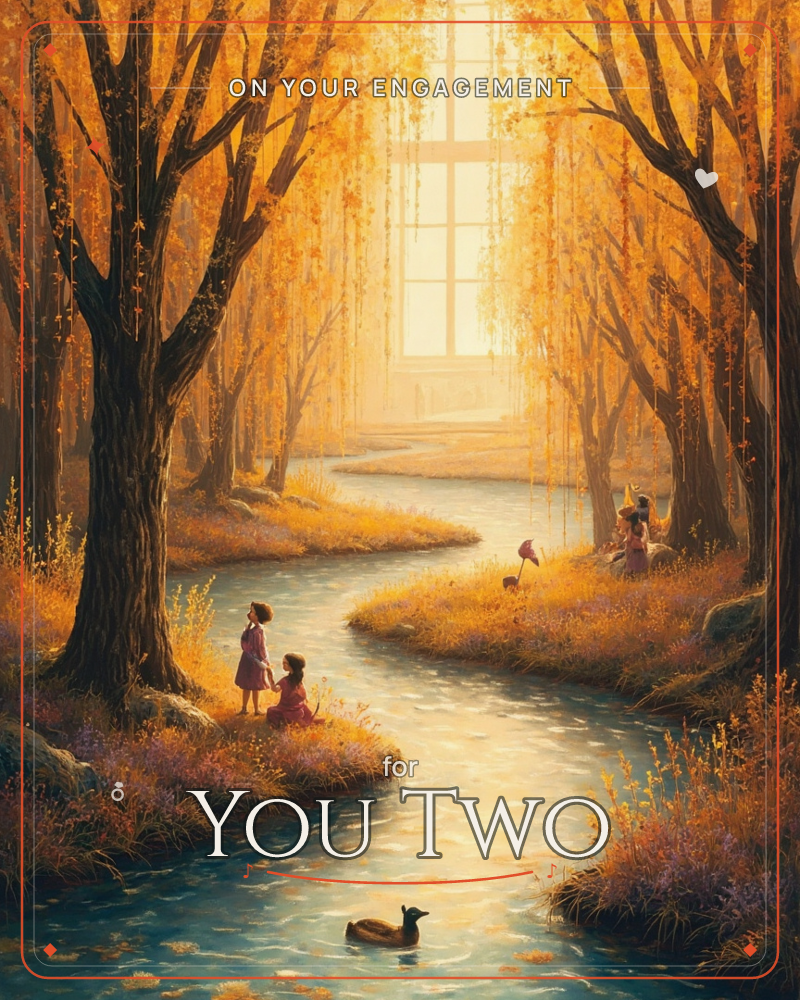 A golden autumn forest opens onto a winding stream, its banks lined with amber grasses and drifting leaves, a engagement e-card design