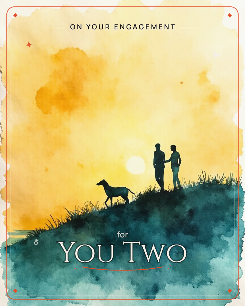 Two figures stand close together on a grassy hilltop at sunset, a dog waiting nearby, all rendered as deep teal silhouettes against a glowing amber sky, a engagement e-card design