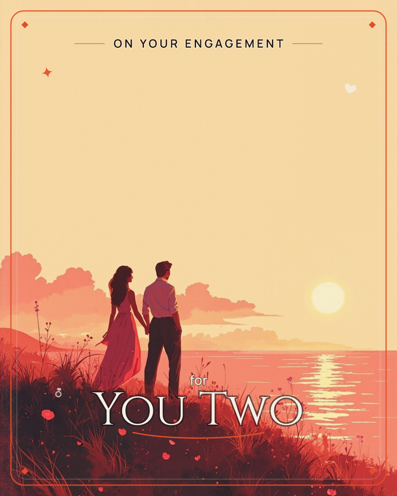 A couple stands hand in hand on a wildflower-covered bluff overlooking the sea, watching the sun sink low over the water, a engagement e-card design