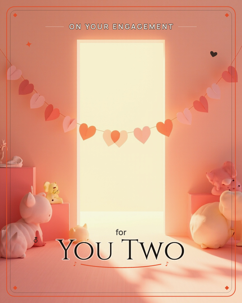 A softly lit doorway glows warm cream at the centre of a pink room, framed by a garland of paper hearts strung in shades of red, coral and blush, a engagement e-card design