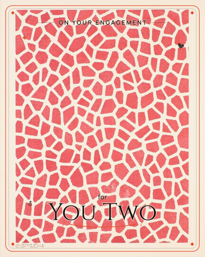 The card is filled edge to edge with an irregular mosaic of coral-red cracked shapes on a cream background, like a giraffe's hide or dried, sun-baked…, a engagement e-card design