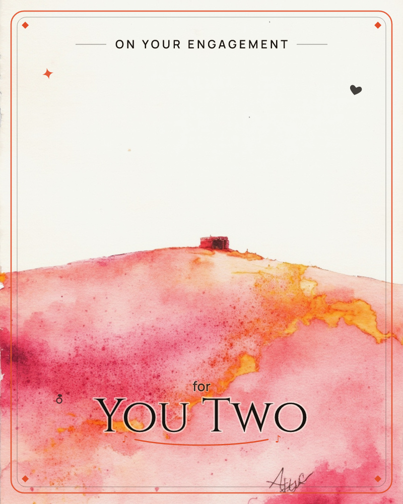 A watercolour hillside glows in shades of magenta and burnt orange, as though lit by a hidden sunset just out of frame, a engagement e-card design