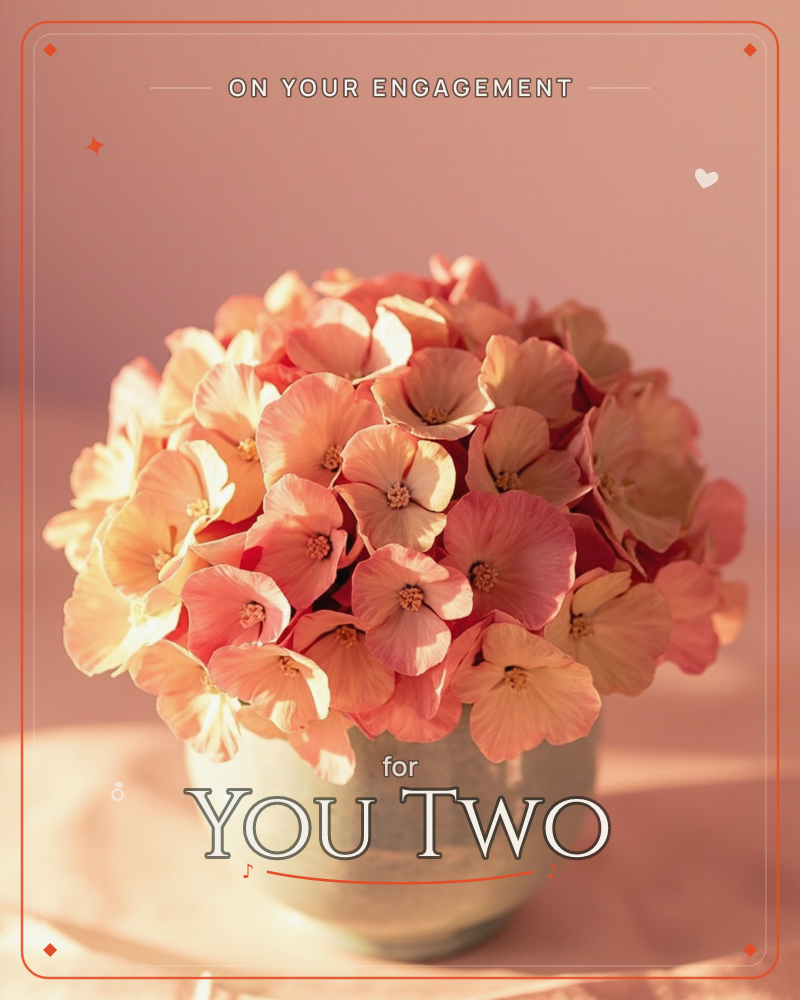 A round cluster of peachy-pink hydrangea blooms sits in a pale sage ceramic pot, glowing under warm, low sunlight against a soft blush wall, a engagement e-card design
