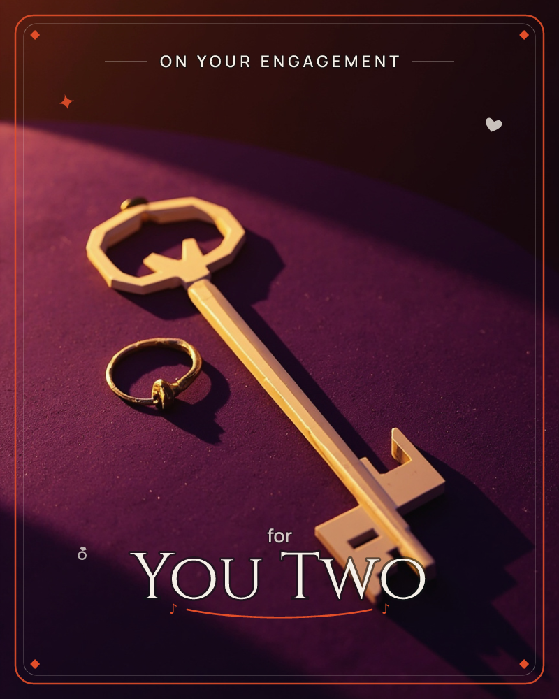 A large ornate gold key rests diagonally on a deep plum velvet surface, a small gold ring with a dark stone lying loose beside its head, a engagement e-card design