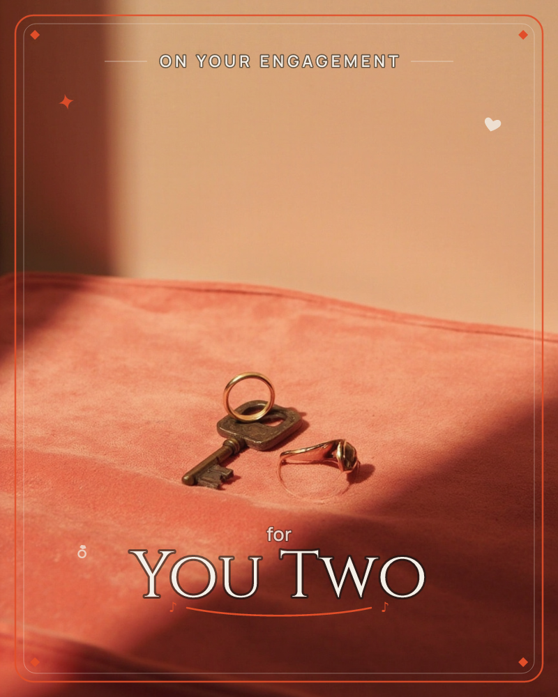 A vintage key and a gold signet ring lie together on a soft coral-pink velvet surface, caught in a warm shaft of afternoon light, a engagement e-card design