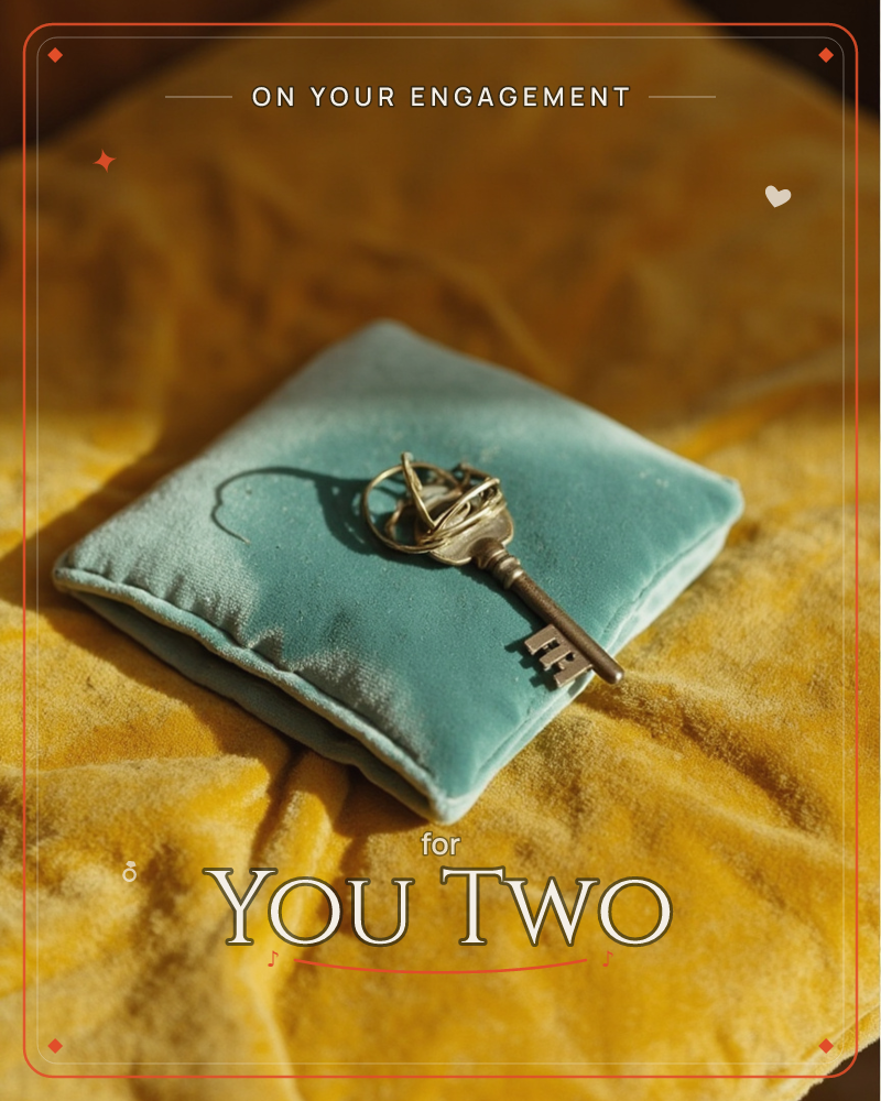 A single ornate brass key rests on a small teal velvet cushion, laid across a rumpled saffron-gold blanket, a engagement e-card design