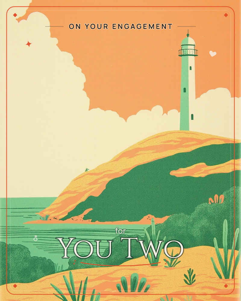 A tall mint-green lighthouse stands atop a green headland under a bold orange sky streaked with cream clouds, a engagement e-card design