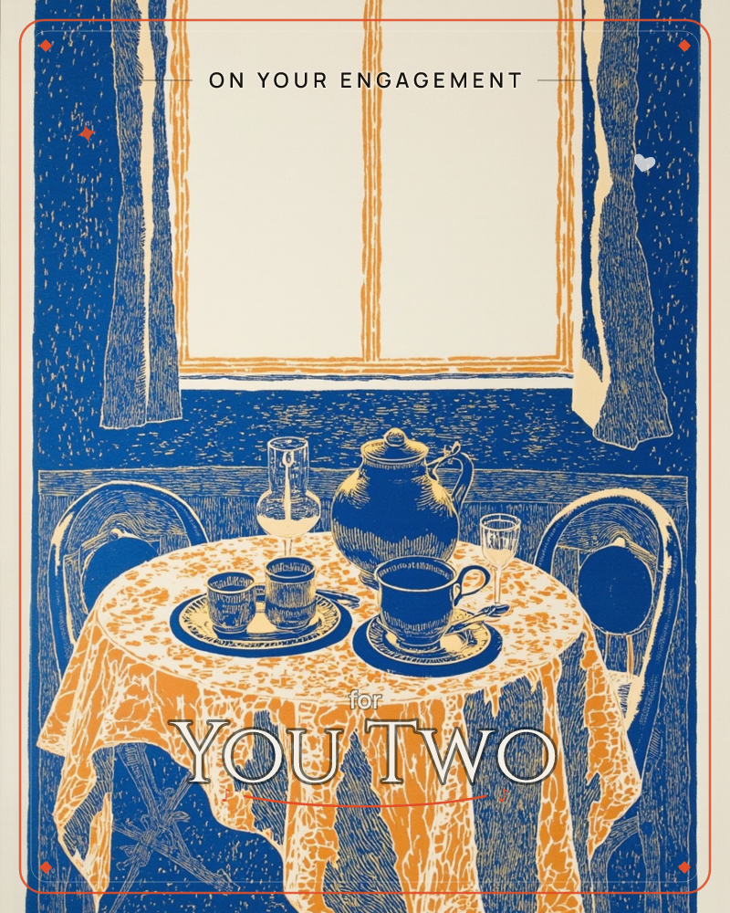 A linocut-style print of a cosy breakfast table set before a curtained window, with a teapot, cups, saucers and glasses arranged on a mottled tablecloth, a engagement e-card design