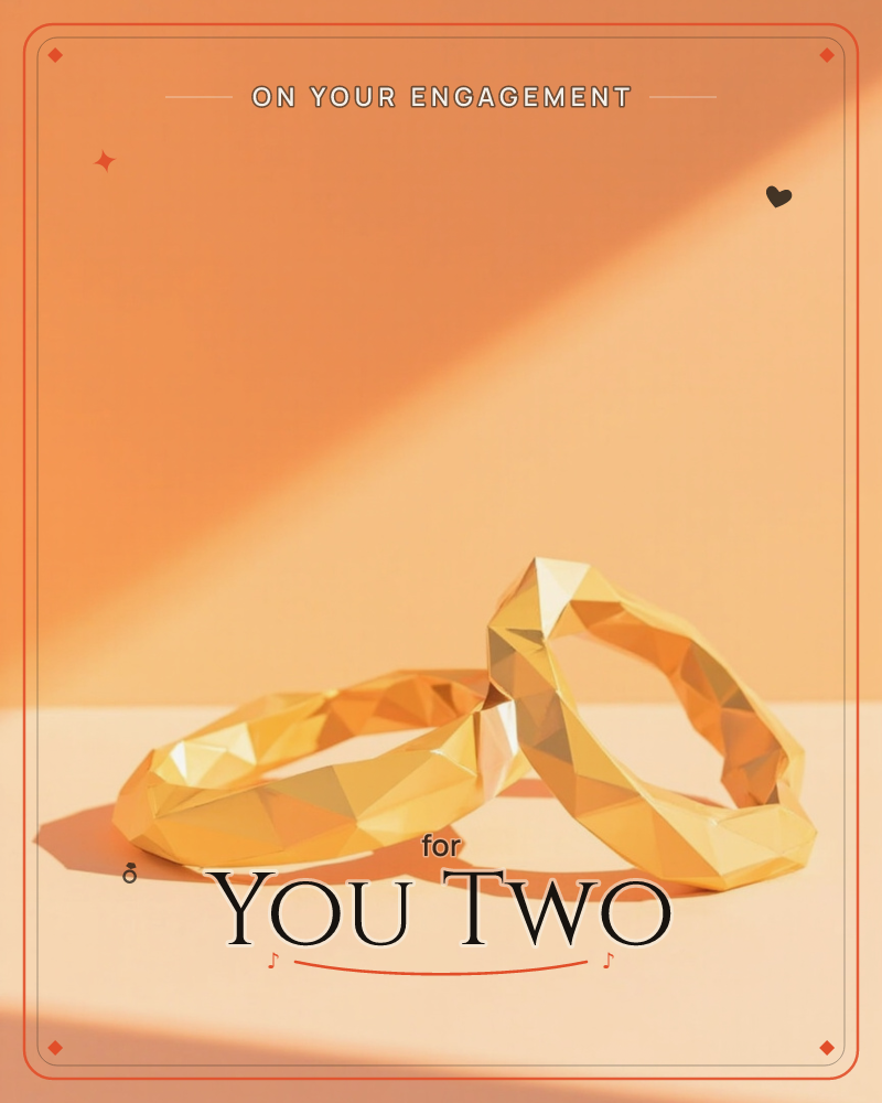 Two faceted gold rings lean together on a plain surface, their low-poly surfaces catching sharp diagonal light against a warm amber wall, a engagement e-card design