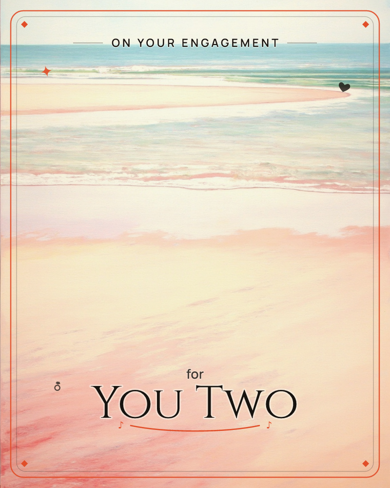 A quiet stretch of coastline painted in soft washes, where pale pink sand meets a thin blue-green tide and a hazy horizon line, a engagement e-card design
