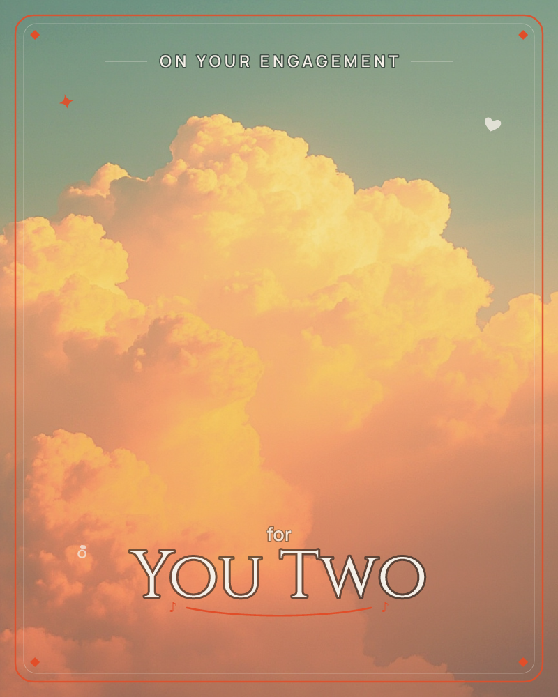 A towering cumulus cloud fills most of the frame, lit gold and peach by a low sun against a soft teal sky, a engagement e-card design