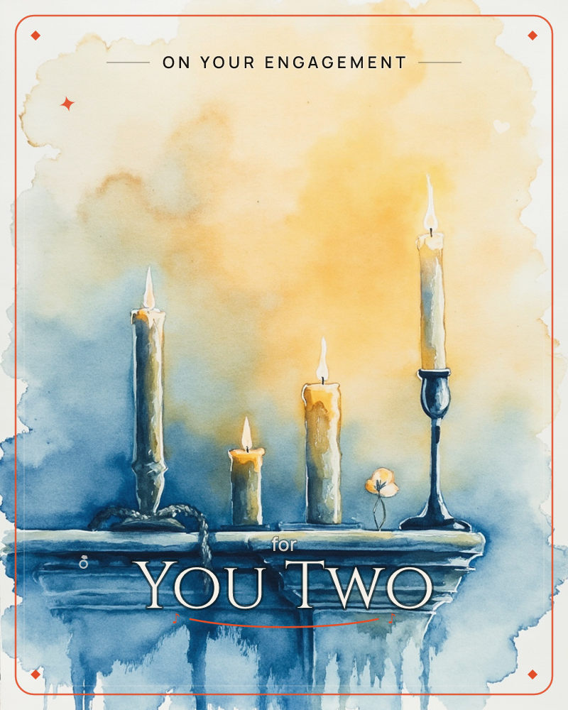 Four lit candles of different heights stand along a stone ledge, one held in a slender dark candlestick, their flames glowing softly against a hazy…, a engagement e-card design