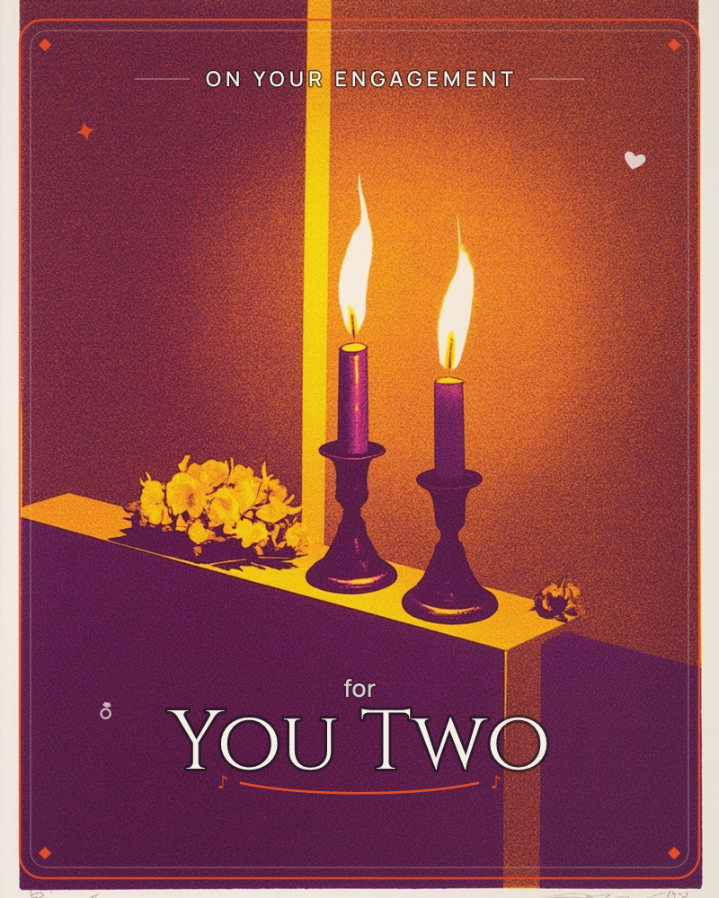 Two lit candles in dark metal candlesticks stand on the edge of a shelf or mantel, their tall flames glowing against a warm amber wall, a engagement e-card design