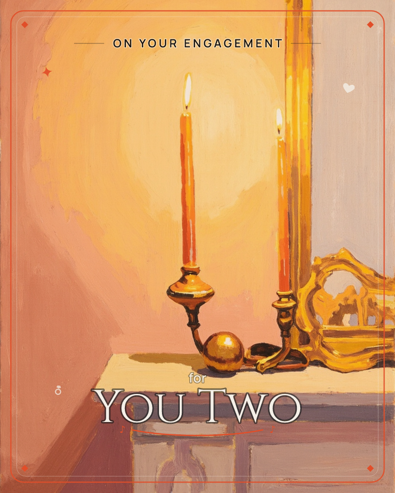 A single lit taper candle sits in an ornate brass candlestick on a pale mantel, its flame reflected beside an antique gilt-framed mirror, a engagement e-card design