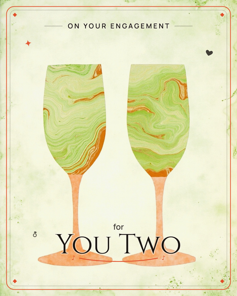 Two wine glasses stand side by side, their bowls filled with a swirling marbled pattern of green, cream and orange like liquid stone, a engagement e-card design