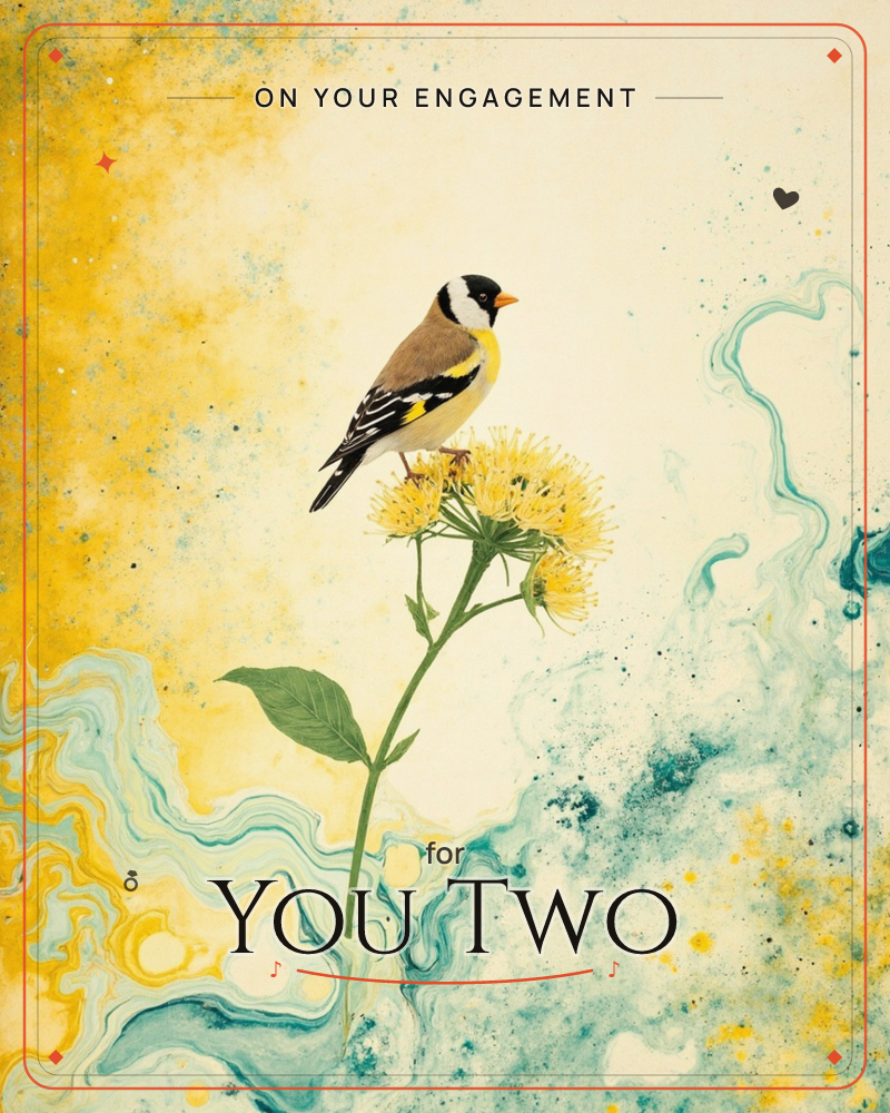 A goldfinch with a red-marked face and gold-barred wings perches atop a single yellow thistle flower, its stem and leaves rising through swirling…, a engagement e-card design