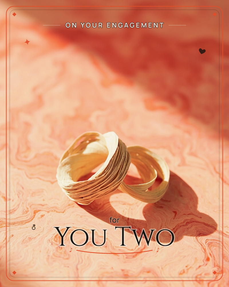 Two woven straw-coloured rings sit interlocked on a swirling marbled surface in shades of coral and terracotta, a engagement e-card design