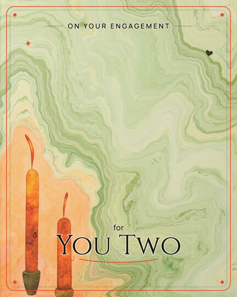 Two lit candles glow in the lower left corner, their flames casting a warm amber halo against a swirling marbled background of sage and cream, a engagement e-card design