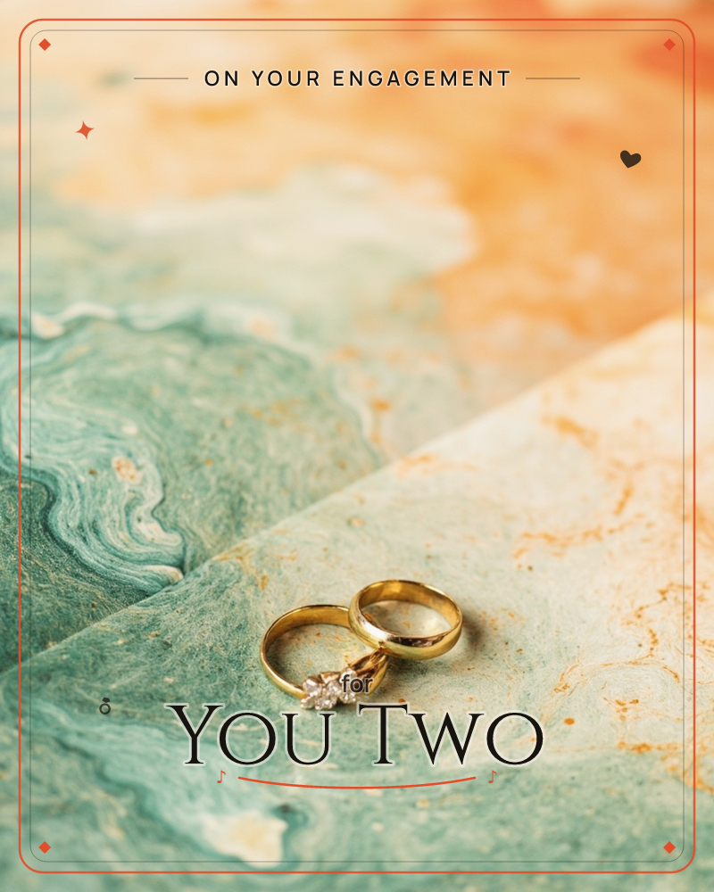 Two gold wedding rings rest side by side on a marbled surface, one plain band and one topped with a small diamond cluster, a engagement e-card design