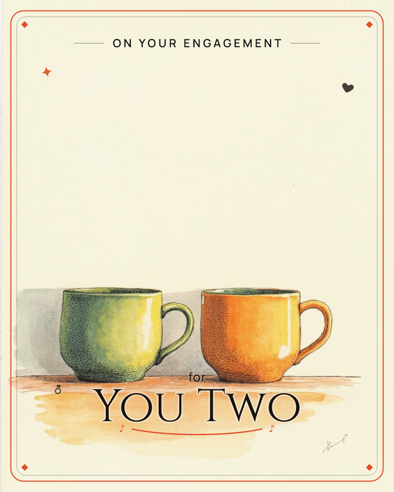 Two mugs sit side by side on a wooden surface, one green and one orange, rendered with fine stippled shading and glossy highlights against a softly…, a engagement e-card design