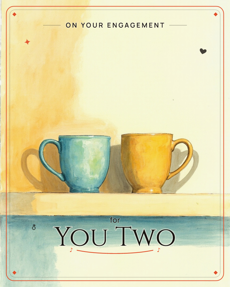 Two mugs, one soft blue-green and one warm mustard yellow, sit side by side on a pale shelf against a cream wall washed with a stripe of golden light, a engagement e-card design