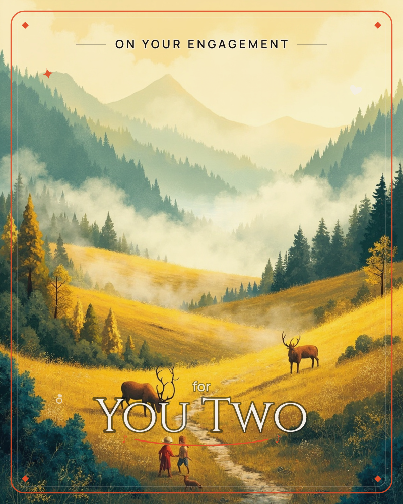 A golden valley unfolds between misty layered mountains, with two elk grazing on sunlit hillsides above a winding path, a engagement e-card design