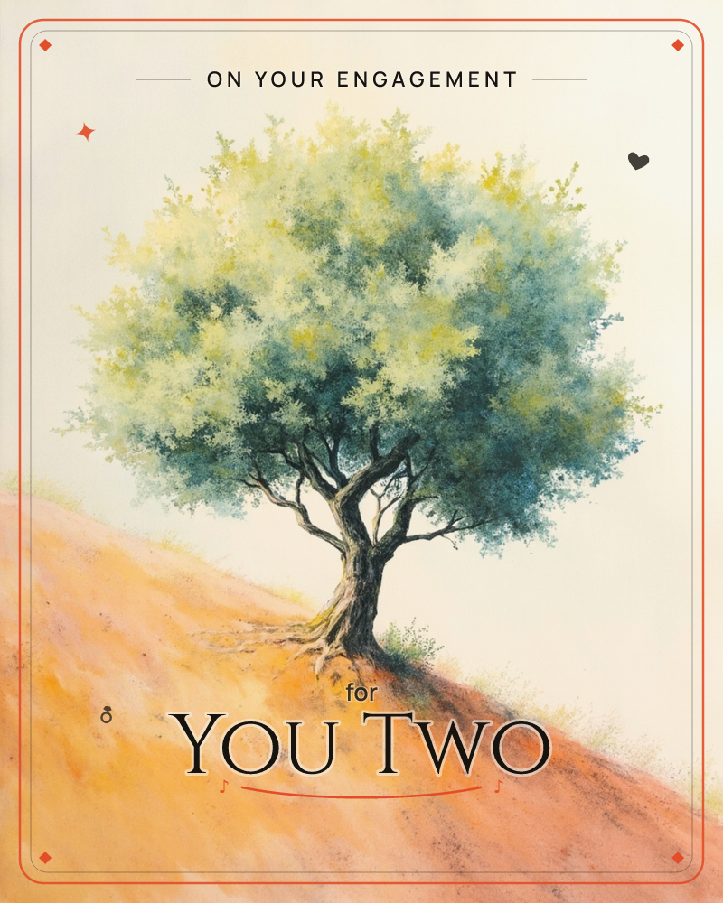 A single gnarled tree stands alone on a sun-baked orange hillside, its full canopy of dappled green and gold leaves catching soft light against a pale…, a engagement e-card design