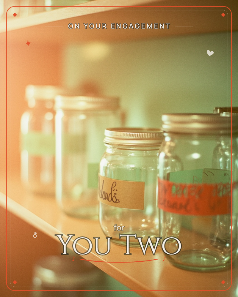 A row of empty glass mason jars lines a wooden shelf, each topped with a silver screw lid and marked with a handwritten paper label in kraft, mint, and…, a engagement e-card design