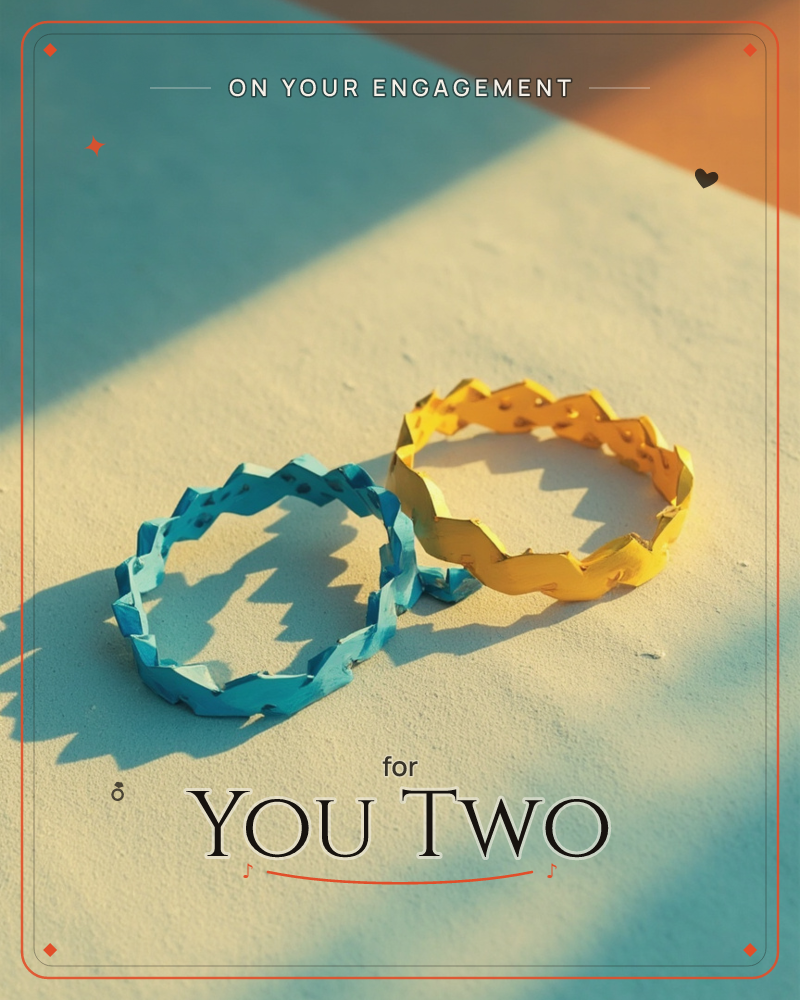 A blue and a gold zigzag-edged ring sit side by side on a pale textured surface, caught in a low raking light that throws sharp jagged shadows behind them, a engagement e-card design