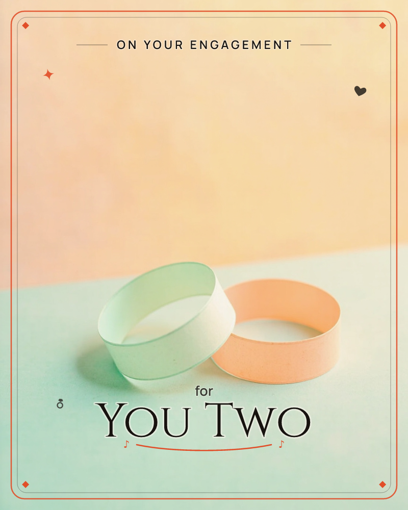 Two paper-thin rings, one mint green and one soft peach, lean against each other on a two-tone tabletop where pale mint meets warm apricot, a engagement e-card design