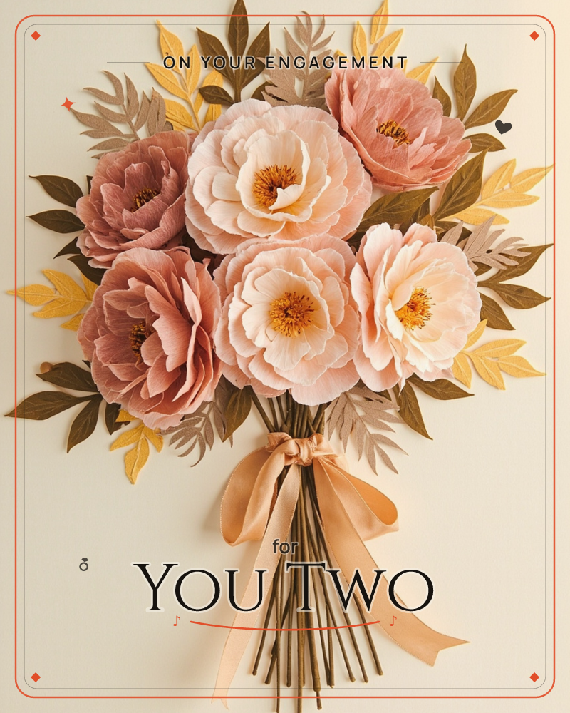 A hand-crafted paper bouquet of ruffled peonies in blush and dusty rose sits against a warm cream backdrop, their stems gathered with a soft satin bow, a engagement e-card design