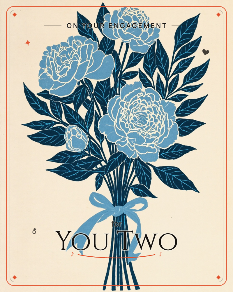 A bold bouquet of peonies rendered entirely in shades of blue, their ruffled petals outlined in fine white detail against deep navy leaves, a engagement e-card design