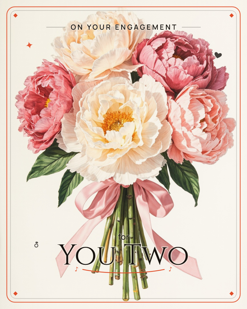 A full, hand-tied bouquet of peonies in cream and rose-pink blooms sits against a softly lit, vignetted backdrop, a engagement e-card design